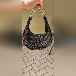 Sequin/mesh Y2k Black Handbag Half Moon With Round Silver Handles